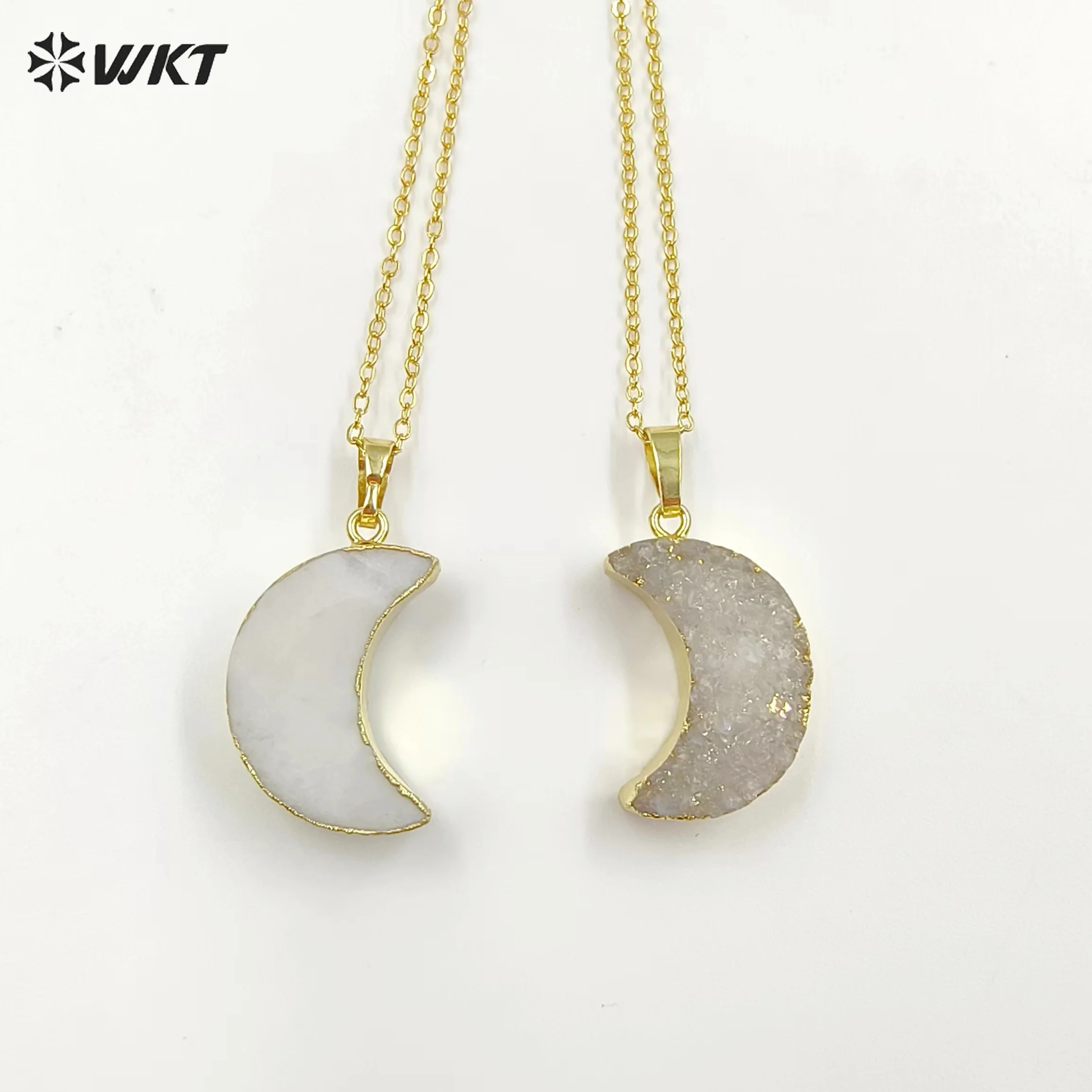 WT-N541 Hot Sale Half Moon Pendant For Women Natural Druzy Agate With Gold Eletroplated Crescent Necklace Fashion Jewelry