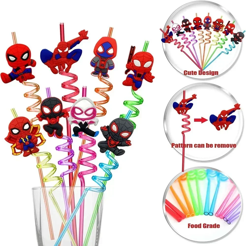 8pcs Disney Spidermans Straw Reusable Anime Iron-man Super-Heros Kids Birthday Party Decorations Baby Shower Party Supplies