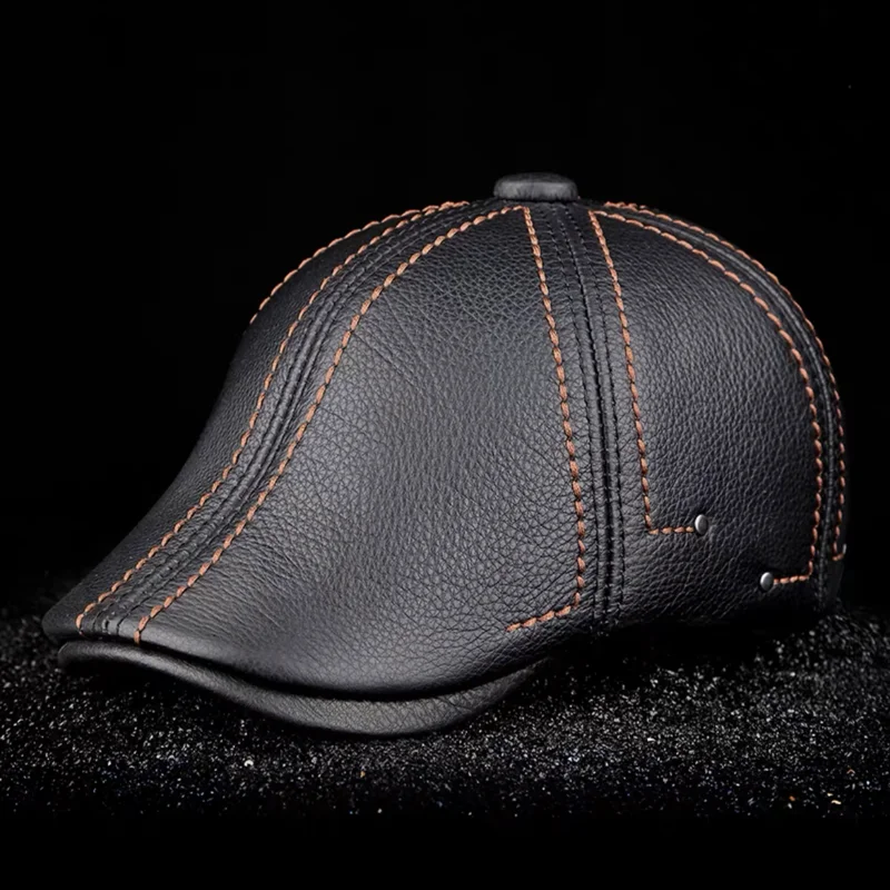 2023 High Quality Cowhide Genuine Leather Men Berets Cap Hat  Fashion Men\'s Real Leather Adult Striped Hats Warm Winter