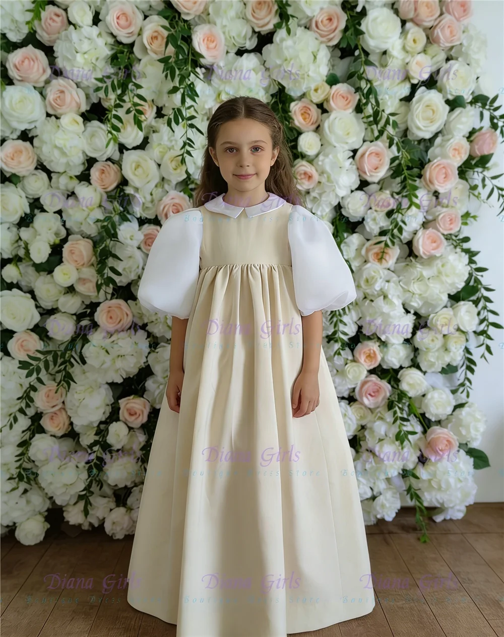 

Quality Lovely Flower Girl Dress Champagne Satin Fluffy with Exquisite Pleated Design for Kids Birthday Party Evening Ball Gowns