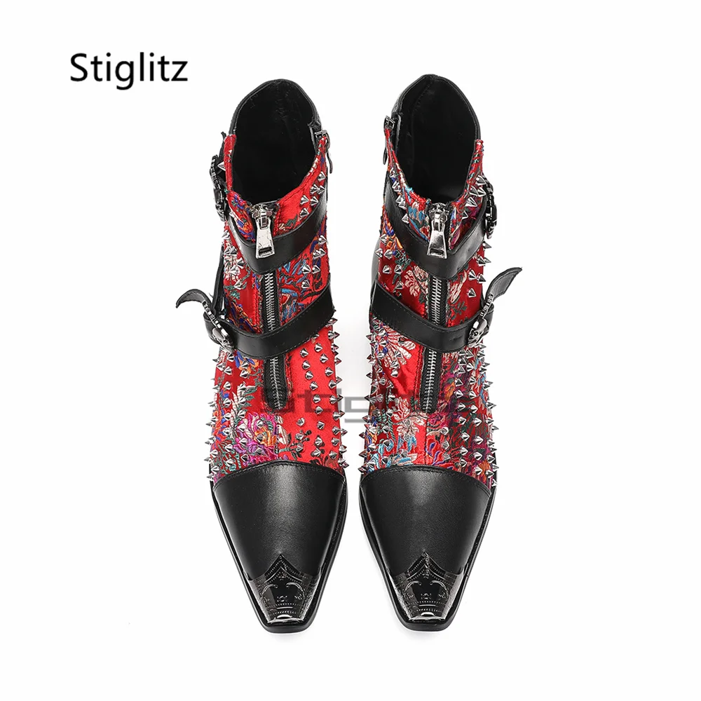 الزهور التطريز المسامير تشيلسي أحذية الرجال عالية الكعب جلد طبيعي المرقعة مشبك مزدوج حذاء من الجلد المعادن تو الذكور الأحذية