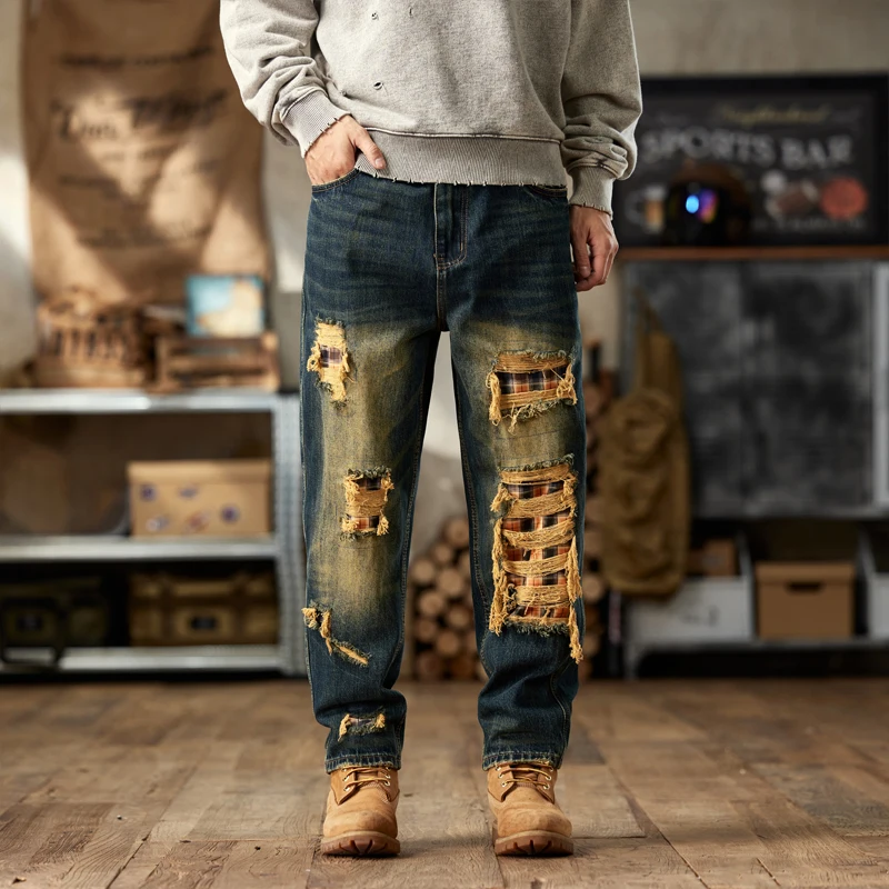 

American retro autumn and winter washed new loose distressed patch ripped Harem jeans men's pants jeans for men clothing