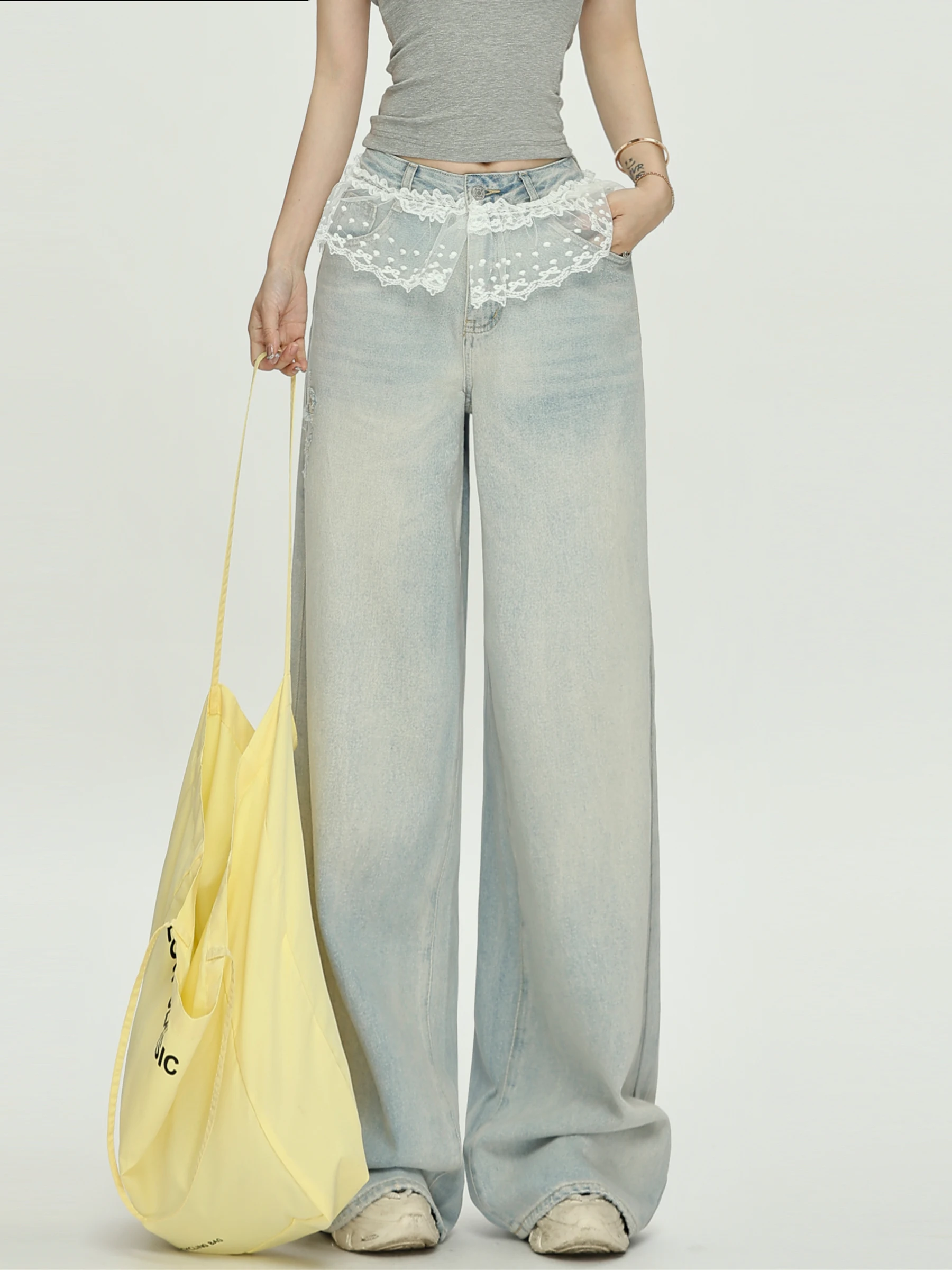 

Blue Jeans for Women High Waist American Wide Leg Pants Y2K Vintage Straight Baggy Denim Trousers 2025 Spring Oversize Pants