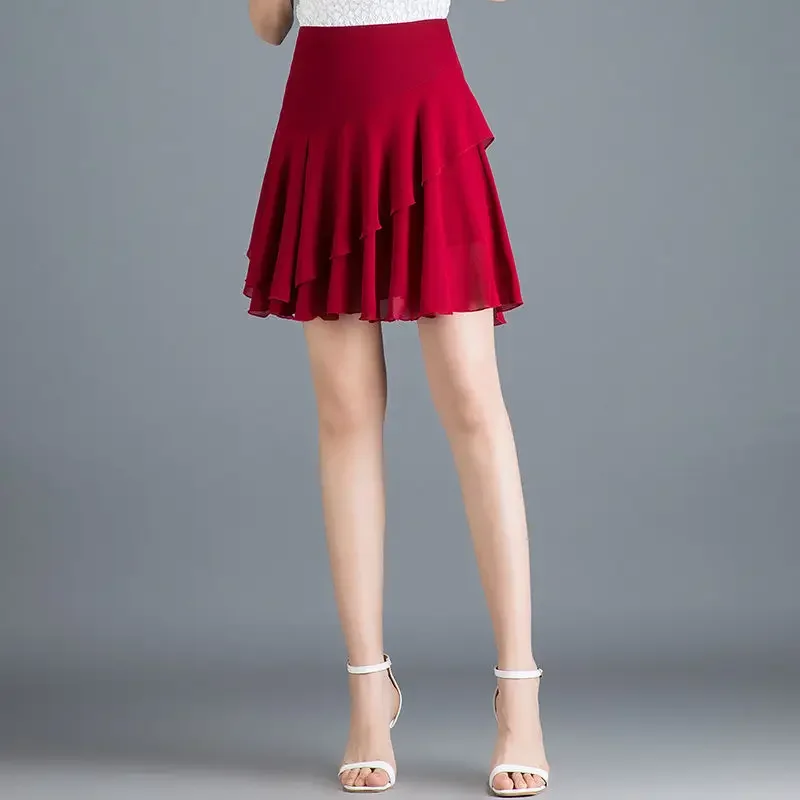 Roupas femininas 2025 verão novo solto senhora do escritório elástico saias de cintura alta moda cor sólida emendado babados saias chiffon