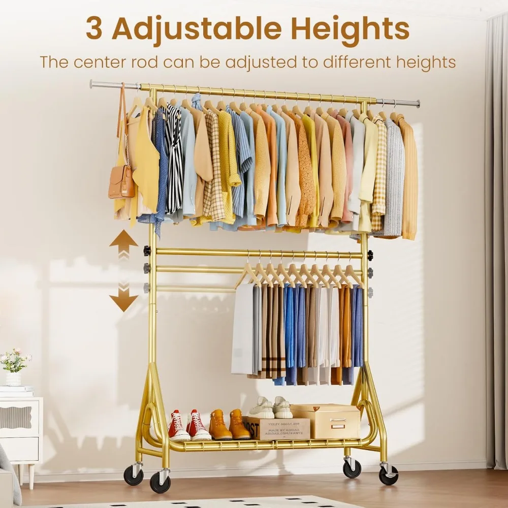 Double Rod Heavy Duty Rolling Metal Garment Rack with Lockable Wheels for Hanging Clothes, Durable Storage Solution