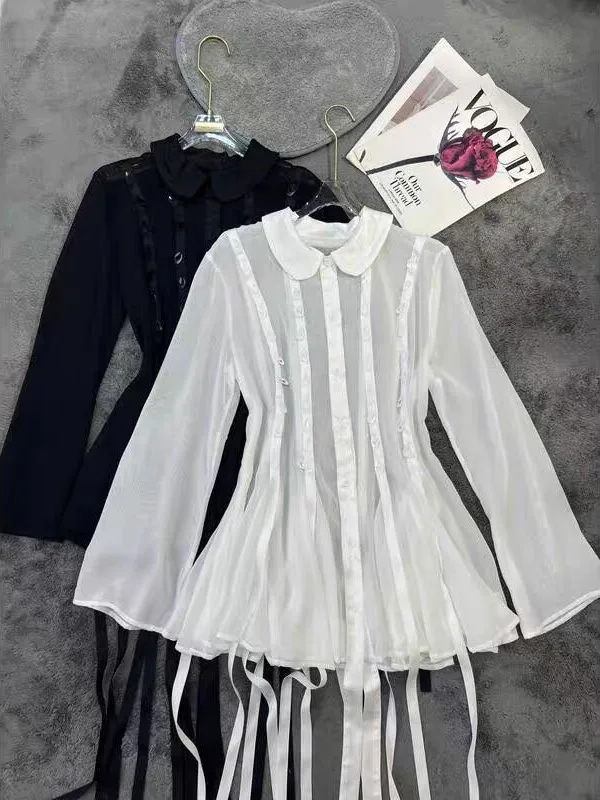 

Elegant White Long Sleeve Women's Shirt Thin Spring Summer Sun Protection Sash Design Korean Style Loose Fit Button Detail
