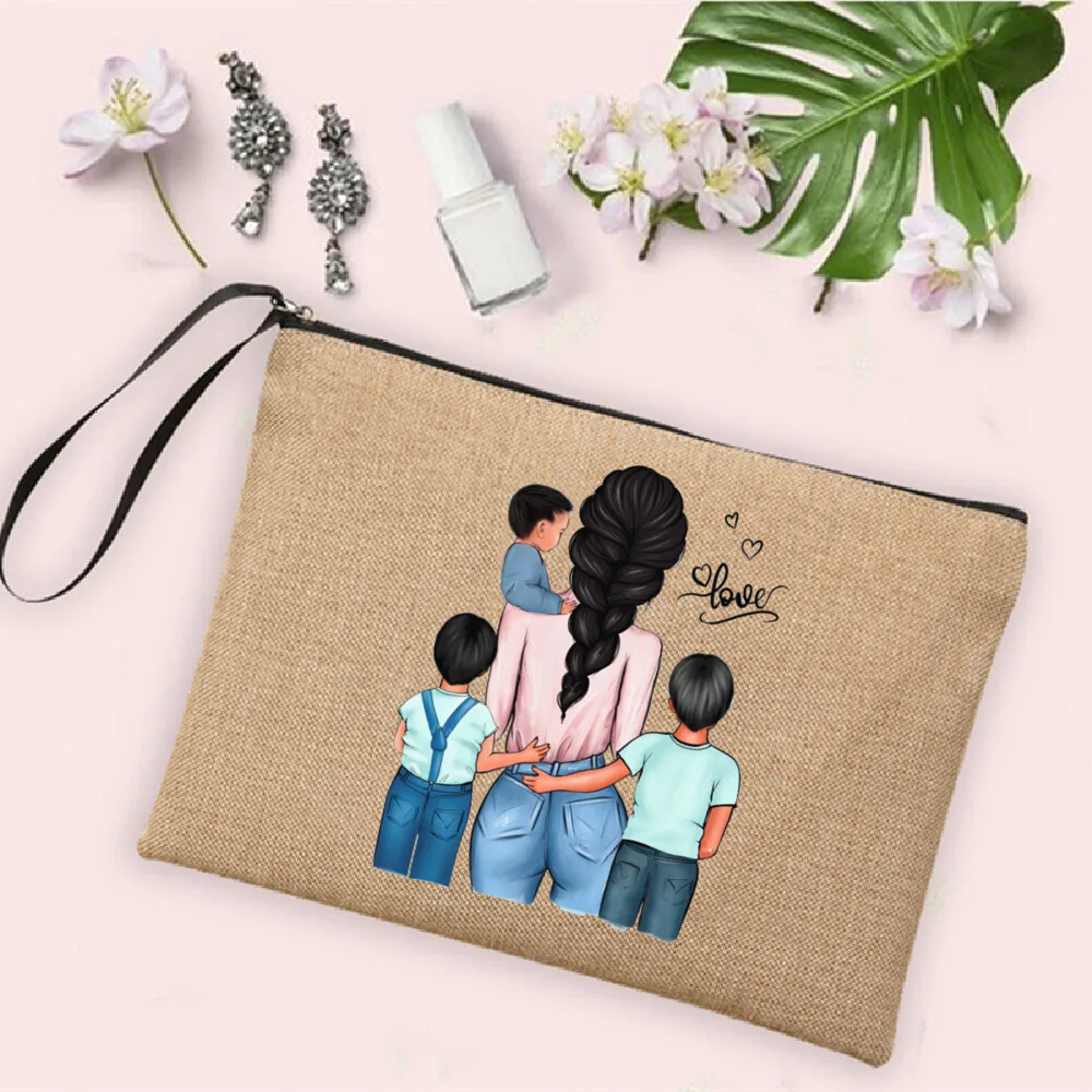 Women Neceser Makeup Bag Linen Zipper Pouch Super Mom Print Cosmetic Bag Travel Toiletry Organizer Bag Mothers Day Gift for Mama