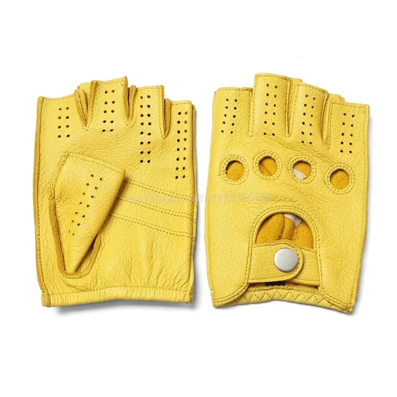 Spring Fashion Classic Men Leather Gloves Goatskin Half Finger Fitness Locomotive Non-Slip Unlined Breathable Driving Mittens