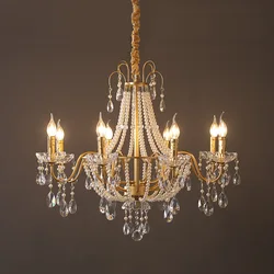 American Crystal Lamp French Retro Style Pearl Chandelier Middle Villa for Living Room Dining Room Bedroom Duplex Chandelier