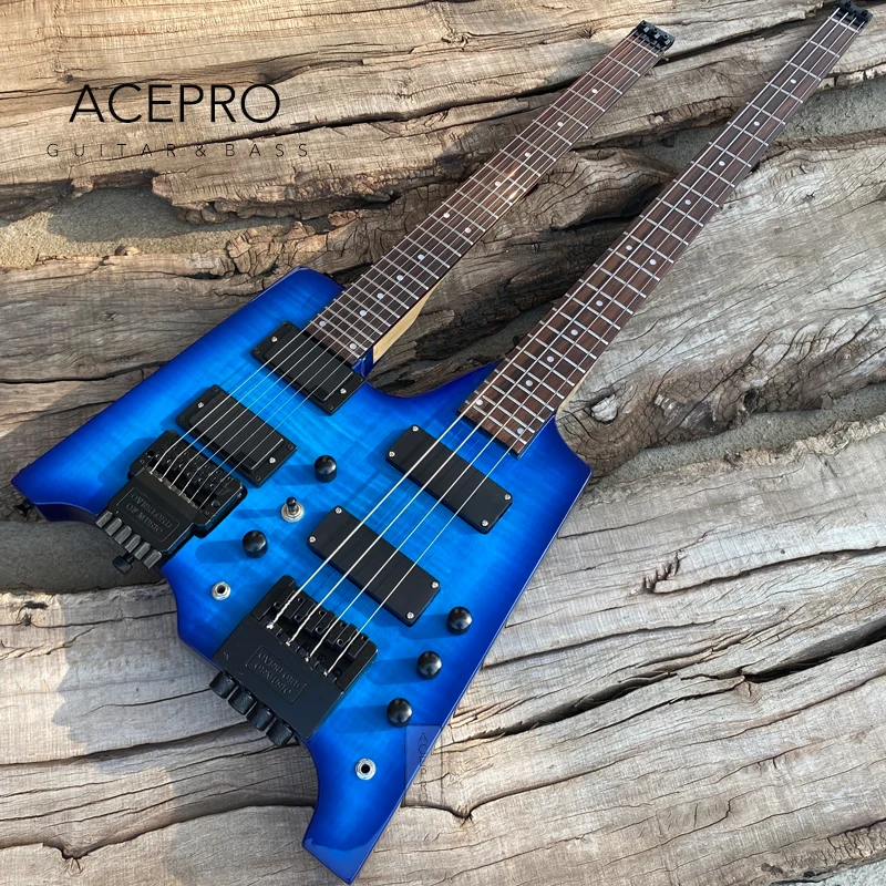 Double Neck Headless Electric Guitar Blue Flame Maple Top, Tremolo Bridge 6 String Guitarra+4 String Bass Combo