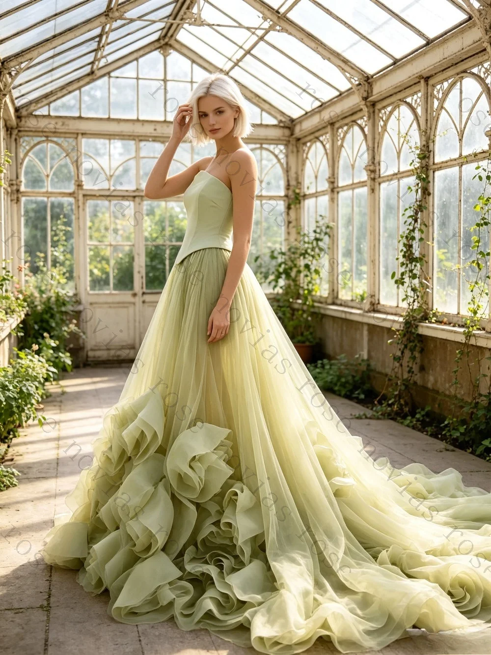 Customized 2026 Strapless Green Tulle Wedding Dress 3D Flower Ruffled Skirt Mermaid Gown with Long Train Boho Quinceanera Dress