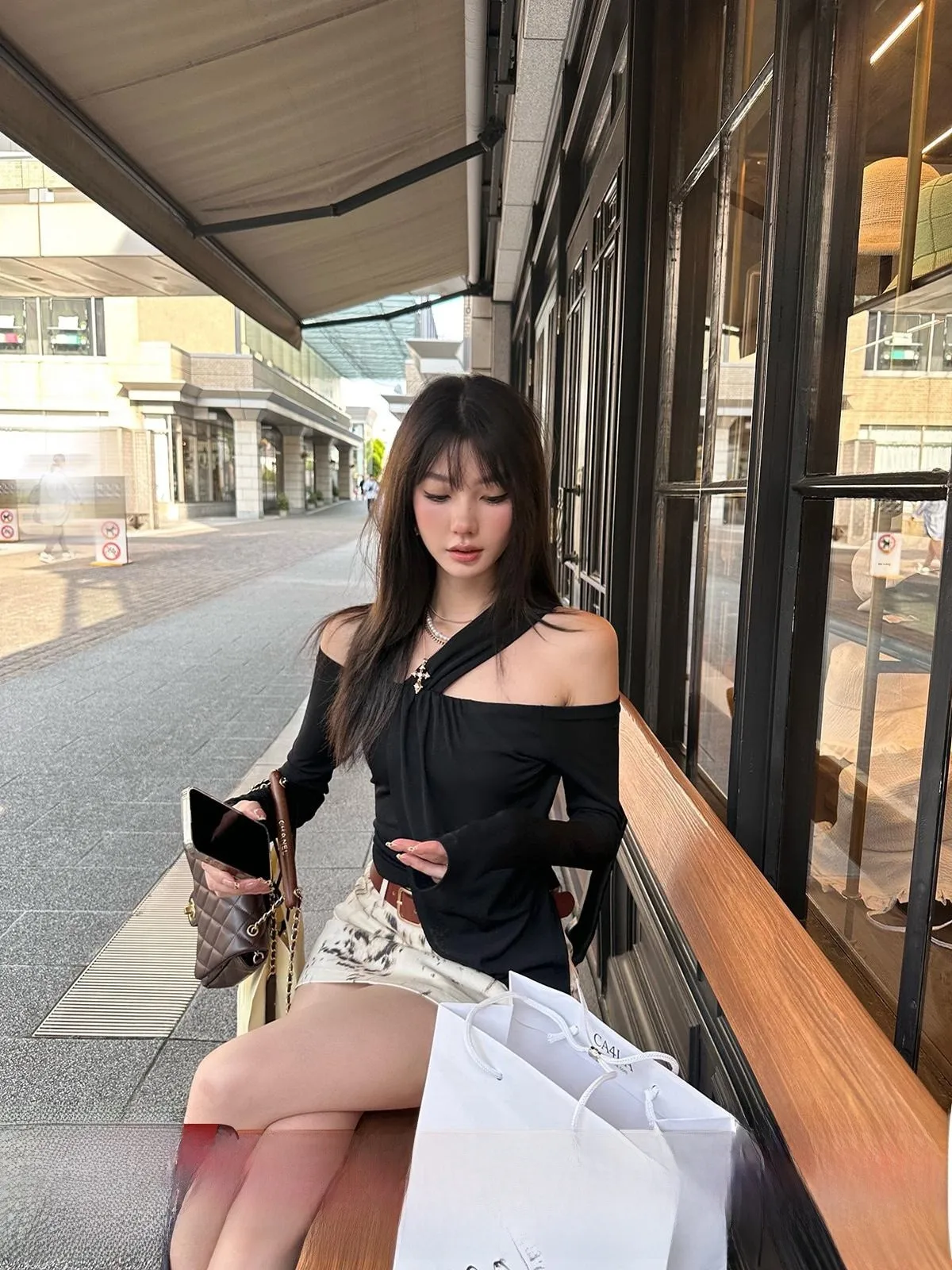 

Sexy Asymmetric oulder Long Sve Top for Women Beautiful Irregular Ladies T-irt Slim Fit Polyester Spandex Blend