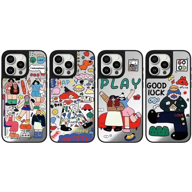 Happy Cartoon Mirror Phone Case Cover for IPhone 11 12 13 14 15 Pro Max Case for IPhone 15 Pro Max