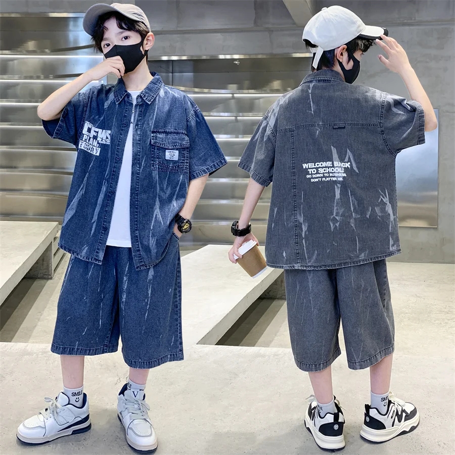 

Cool Summer Set for Boys Denim Top and Bottom Set Kids Child Short Sleeve Shirt And Shorts 2 Pieces Outfits Suit Age 5-14 Years