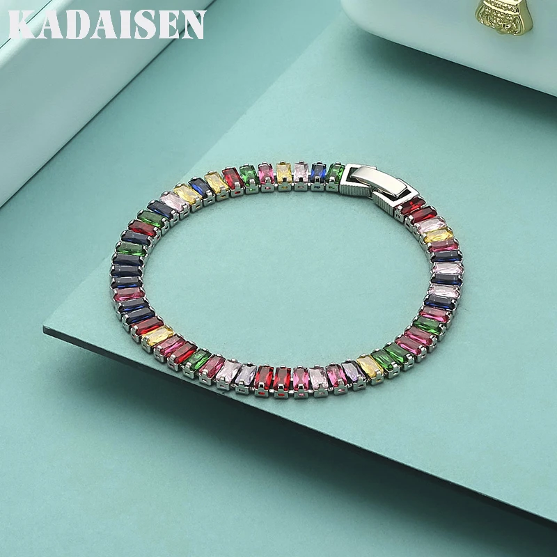 Edles Armband aus 925er Sterlingsilber, luxuriöser farbiger Kristall-Handschmuck für Frauen, Charm-Hochzeitsgeschenk, Party, 18 cm