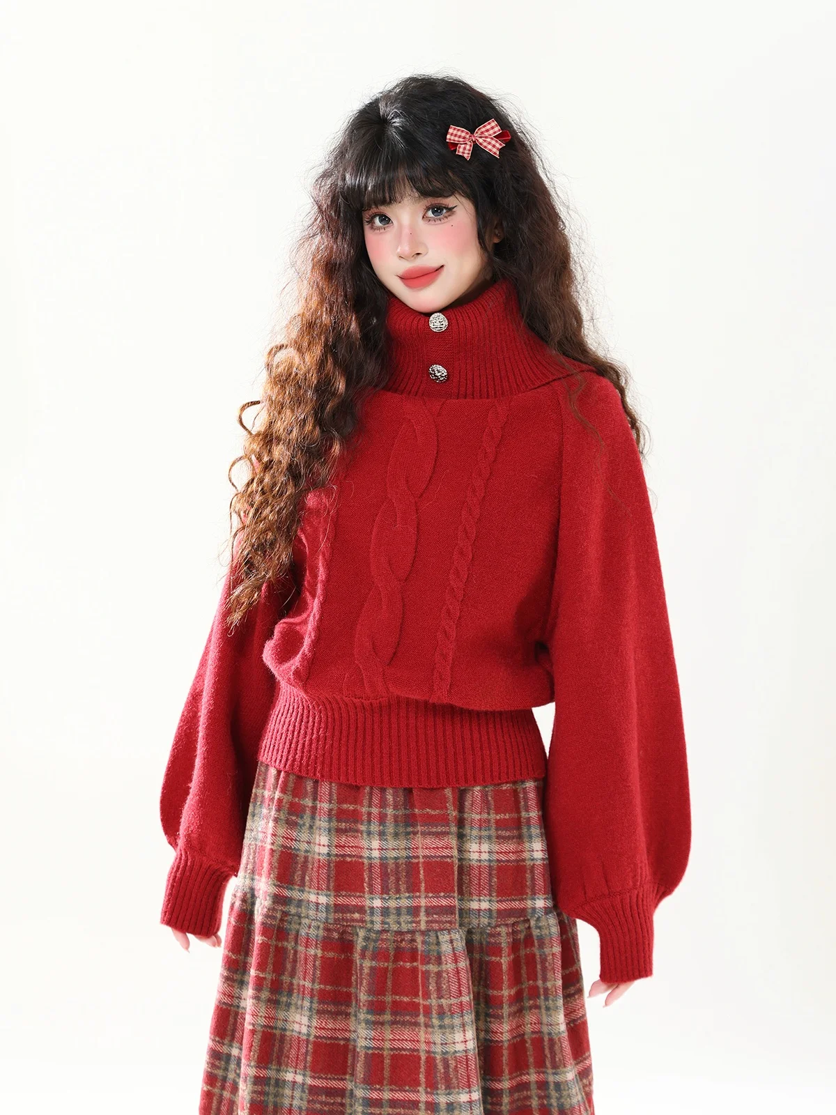 

ENJOG Retro Twist High Collar Red Knitted Sweater Women's Autumn Winter New Year High End Feel Two Wear One oulder Knitted ...