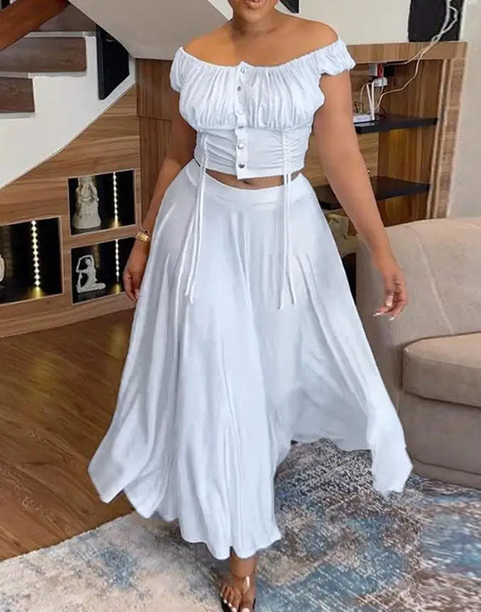 

Women's 2 Pieces Outfit Summer Sets Female Off Shoulder Ruched Drastring Top & Casual High Waist A Line Loose Flared Skirt Set