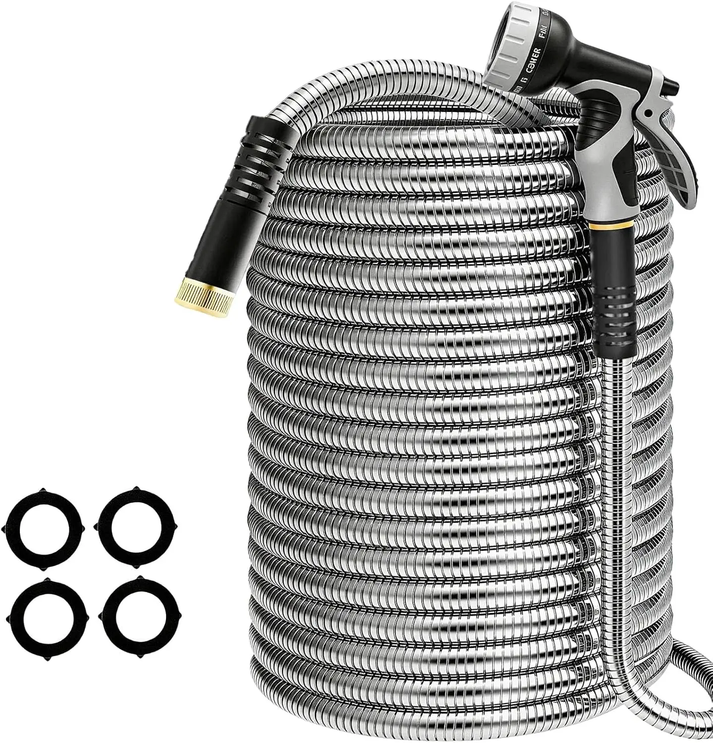 200ft Heavy Duty Stainless Steel Garden Hose | No‑Kink Leak‑Proof Crush Resistant &10 Pattern Nozzle for Large Lawn RV Camping Long Range Yard Irrigation
