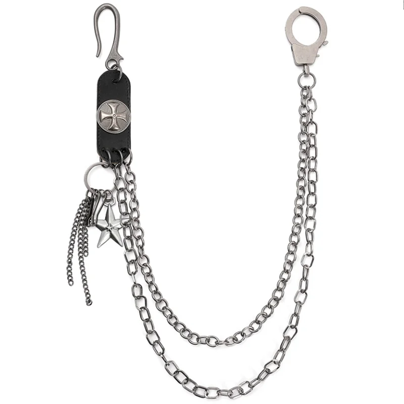 Fashion Bilayer Five-pointed Cross Beads Biker Chain Cowhide Sheath Hip Hop Punk Style Keychains For men y2k Pants Accesories