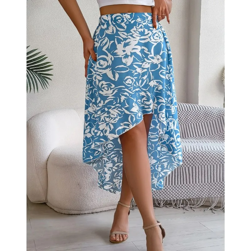 

Elegant Printed Skirt 2024 Summer Women Flower Ruffle Mid Length Irregular Skirt Office Lady Holiday Faldas Y2k Streetwear