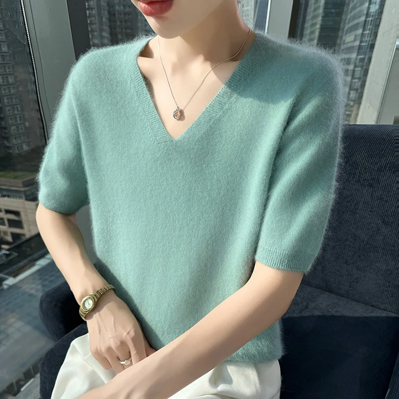 

Autumn And Winter New Ladies Mink Wool V-Neck Sweater Fashion Pullover Knitted Bottoming Short-Sleeved Shirt