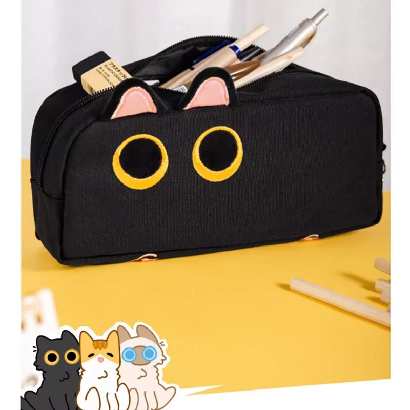 bolsa de lapis de lona de gato preto simplicidade gato siames bolsa de armazenamento de papelaria de alta capacidade presente do estudante da escola 01