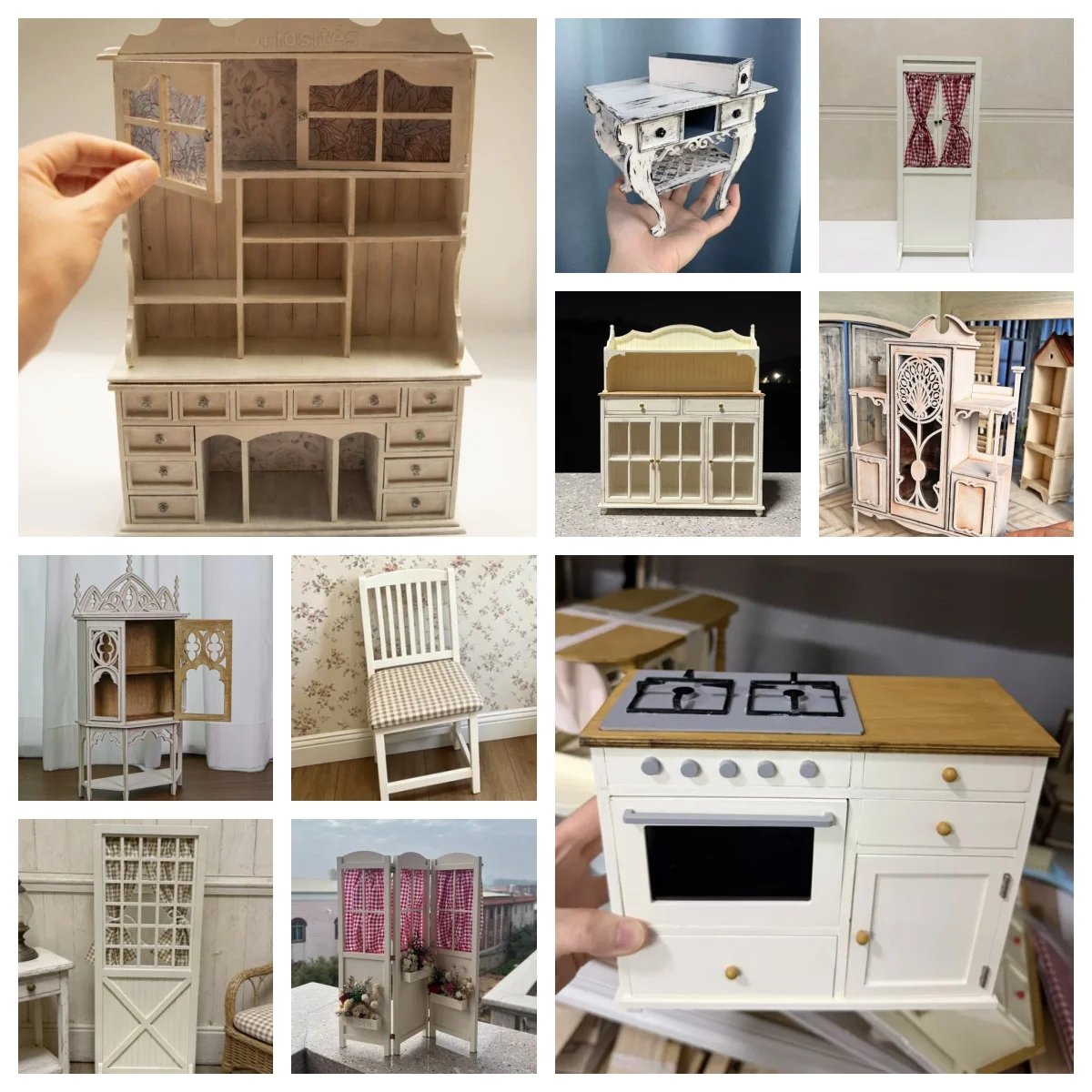1:12 & 1:6 Farmhouse Furniture DIY Kit or Assembled | Shabby Chic Storage Cabinet, Screen & Desk for Dollhouse -Choose Your Size