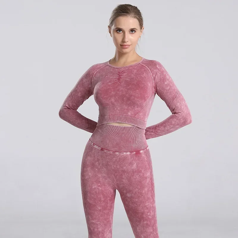 女性用ヨガセット サンドウォッシュ シームレス セクシー ヒップリフティング フィットネス服 エクササイズ ランニング ウォッシュド 速乾 ヨガ服