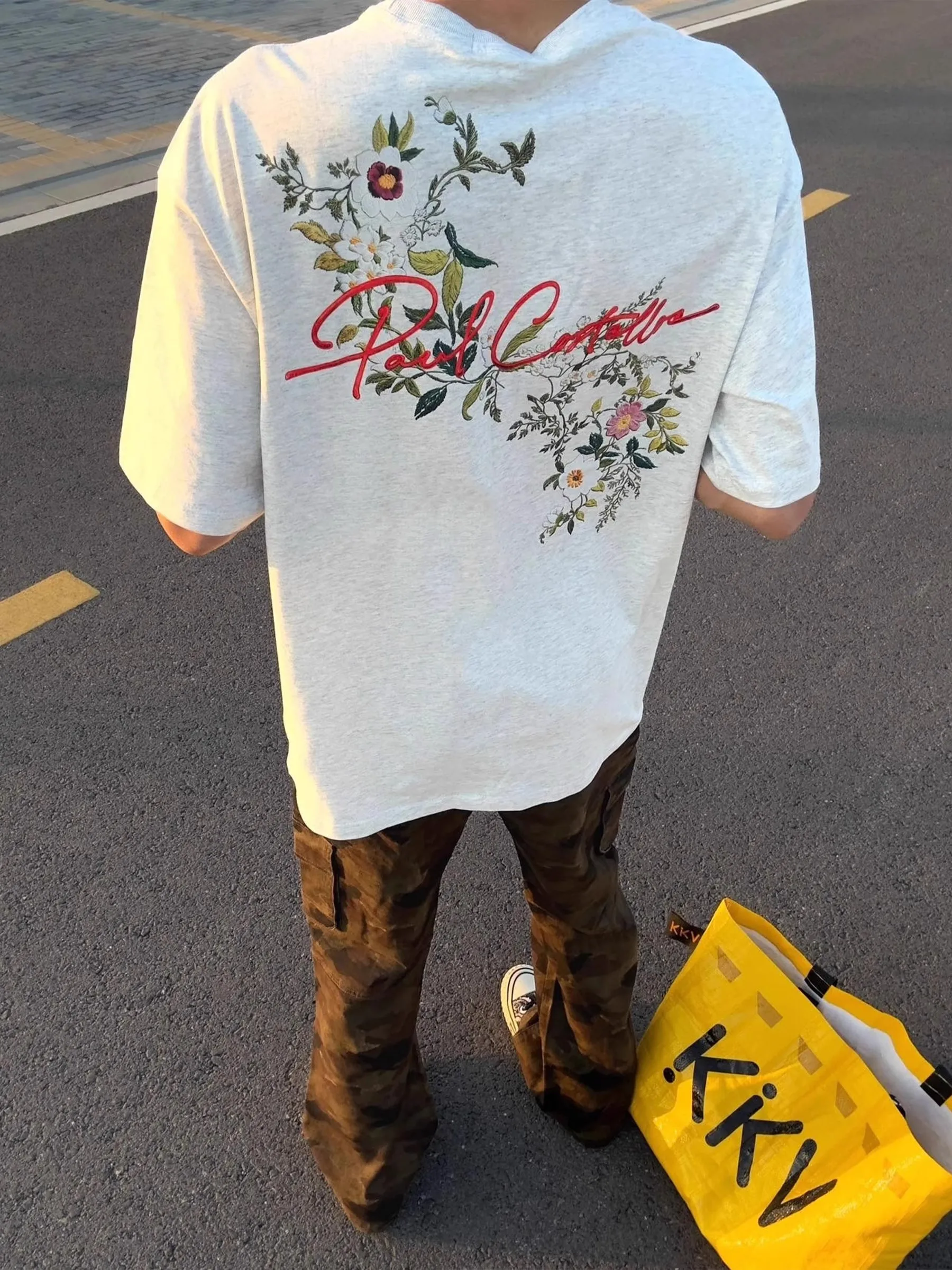 2025 New Summer National Trend Embroidered Round Neck Short Sleeve T-Shirt Trendy Men's Loose Casual Pure Cotton Half Sleeve Top