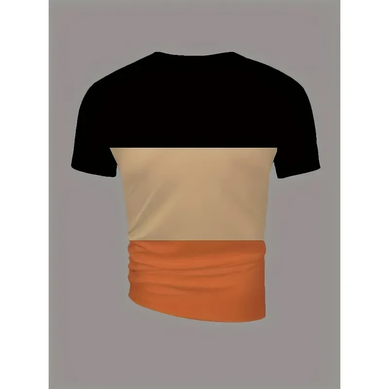 2026 Men Casual Letter Print T Shirt Crew Neck Short Sleeve Polyester Blend Splicing Color Summer Sports Tee Machine Washable