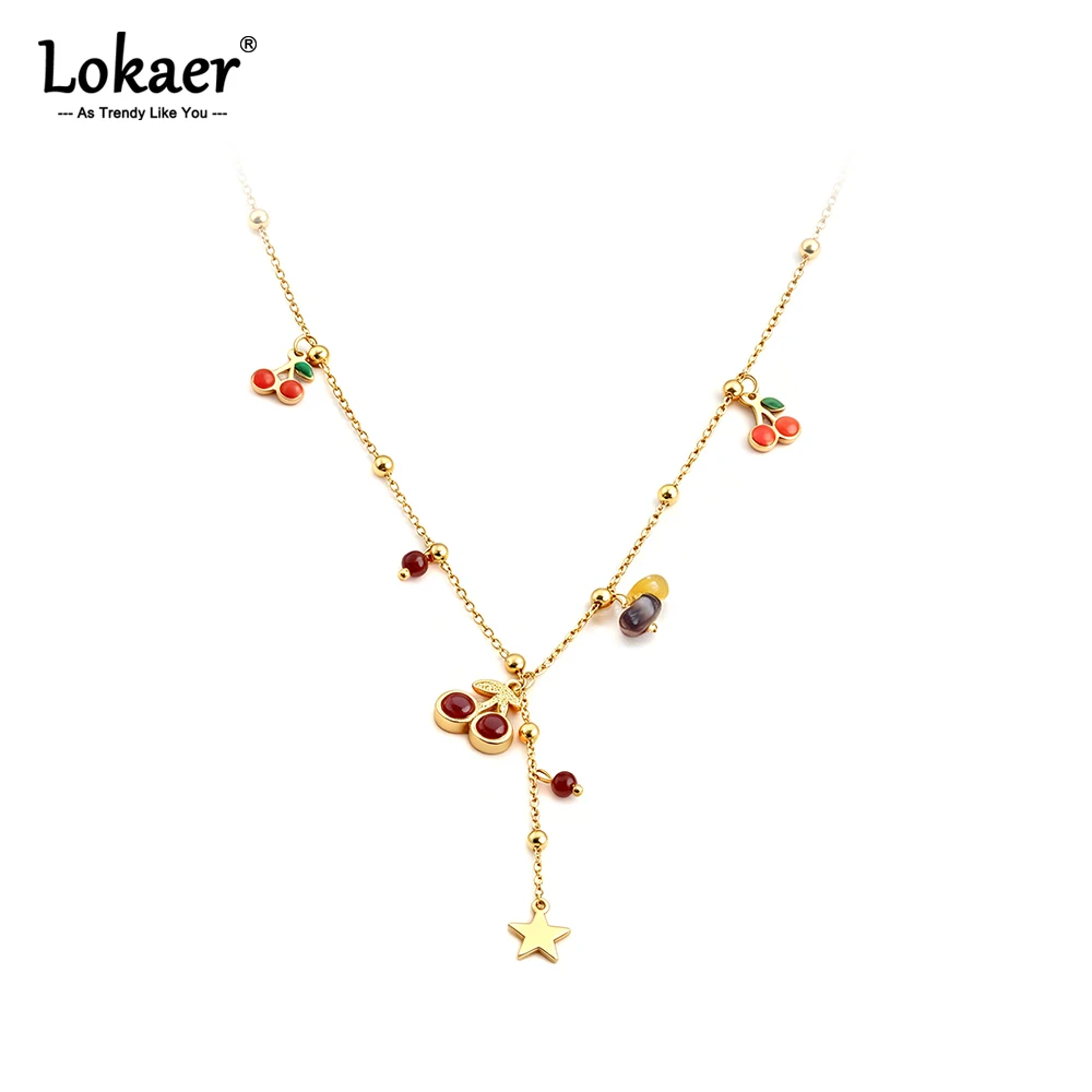 Lokaer 316L Stainless Steel Zircon Cherry Beads Long Y Necklace For Women Statement Gold Plated Waterproof Chain Jewelry N26068