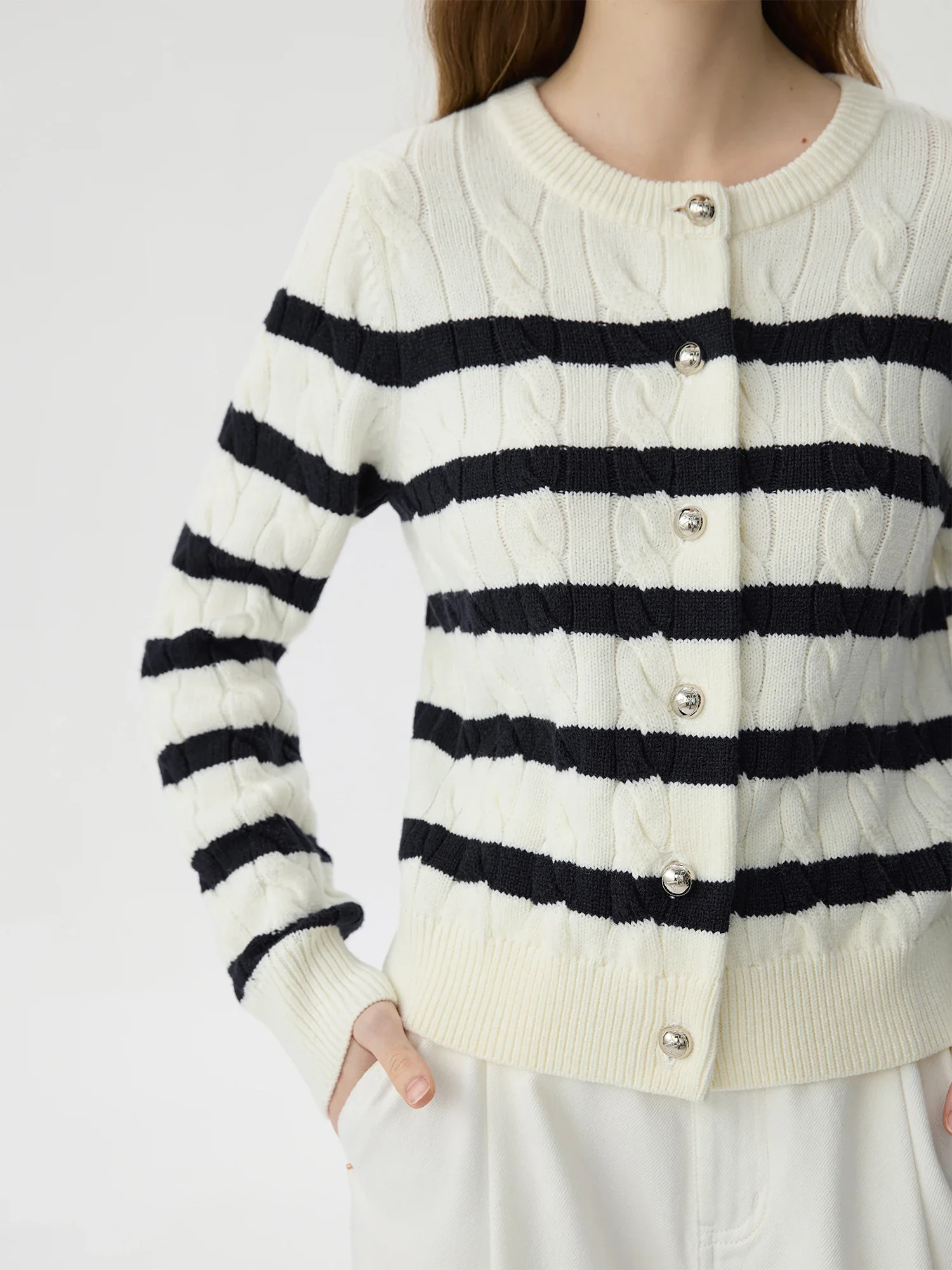 FSLE 13.3% Sheep Wool Black White Striped Twisted Knit Red Cardigan For Women 2024 Autumn Winter Warm Chic Sweater 24FS14030