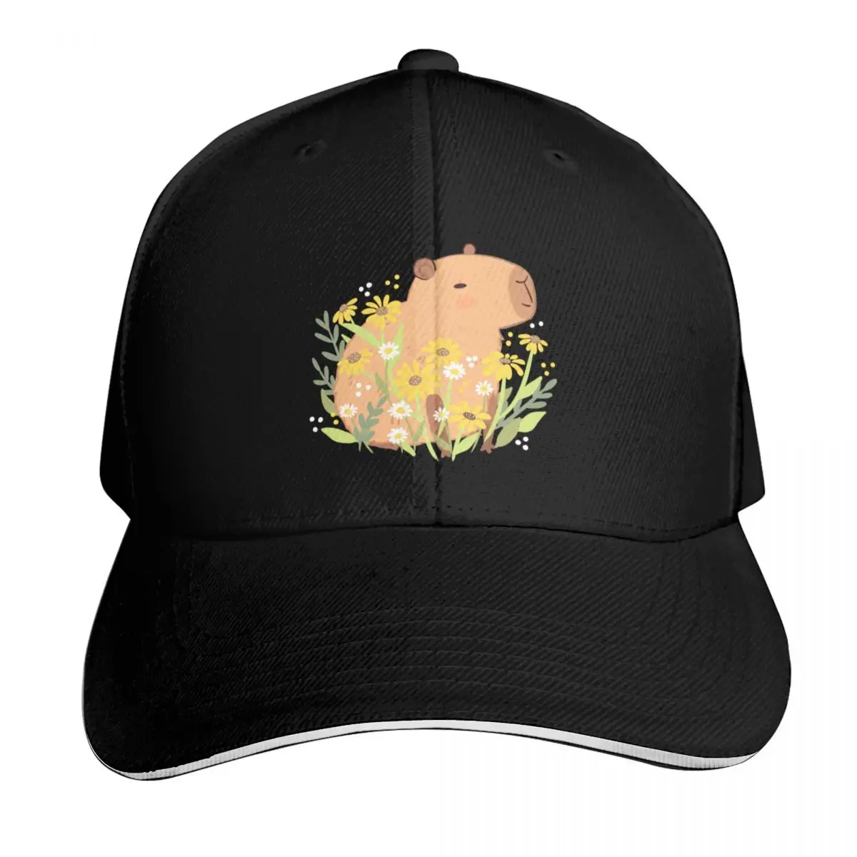 Capybara with daisy flowers Baseball Cap Moisture Wicking Quick Dry Curved Brim Classic Fit Low Profile Unstructured