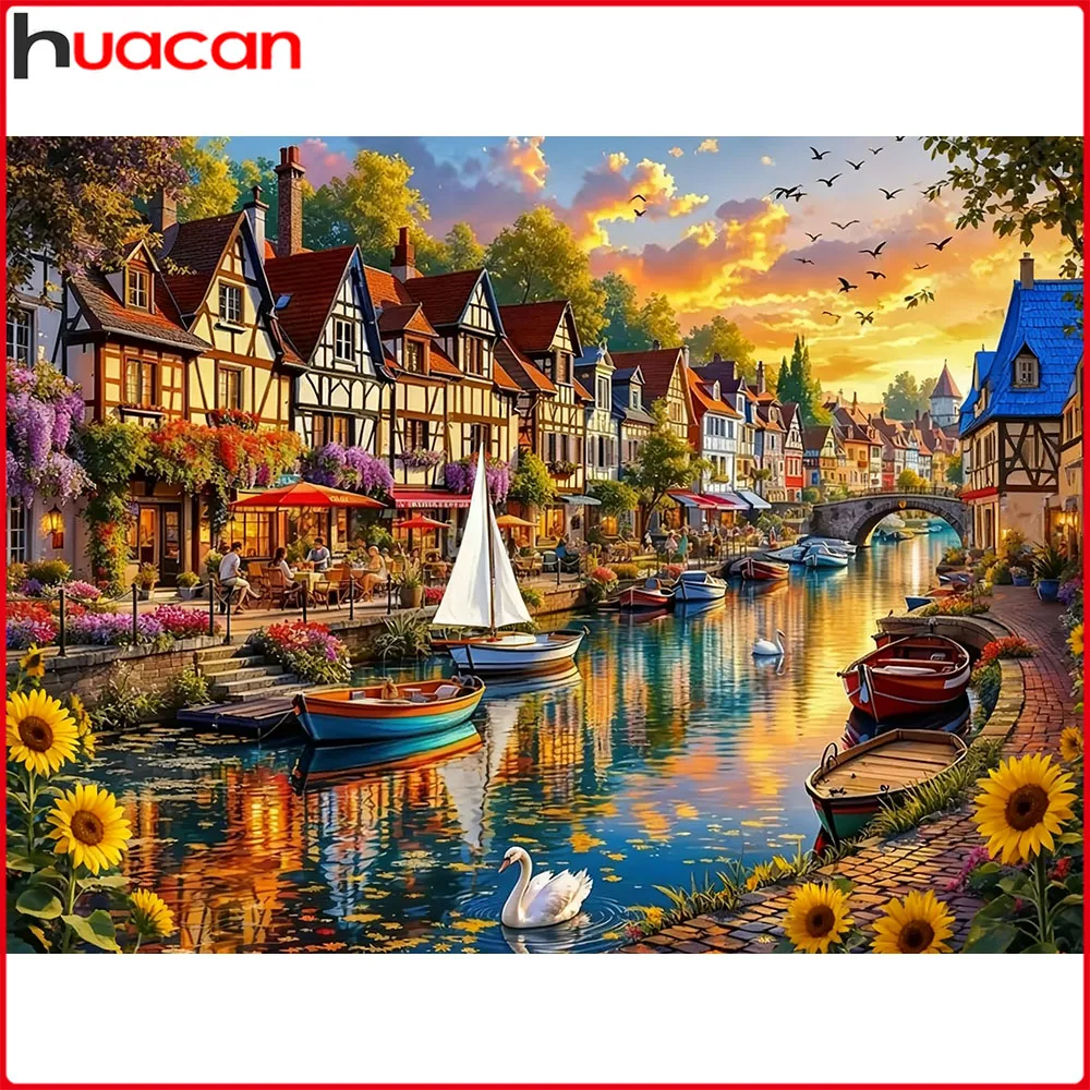 Huacan Vollquadrat Rundbohrer Diamantgemälde Sonnenuntergang Fluss Stadt Diamant Mosaik Landschaft Set Heimdekoration