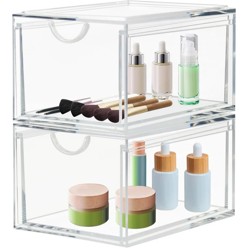

2 Pack Stackable Cosmetic Drawers, Clear Acrylic Makeup Organizer Box, Plastic Storage Bins Vanity Container F