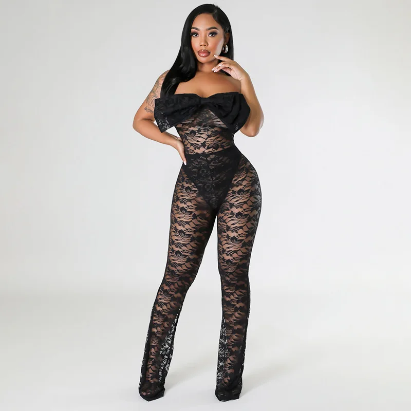 

Sexy Cute Women Big Bowknot Lace Bodysuits Skinny Romper Lace Crochet Perspective Bodysuit Overalls Party Lady Outfits Nightclub