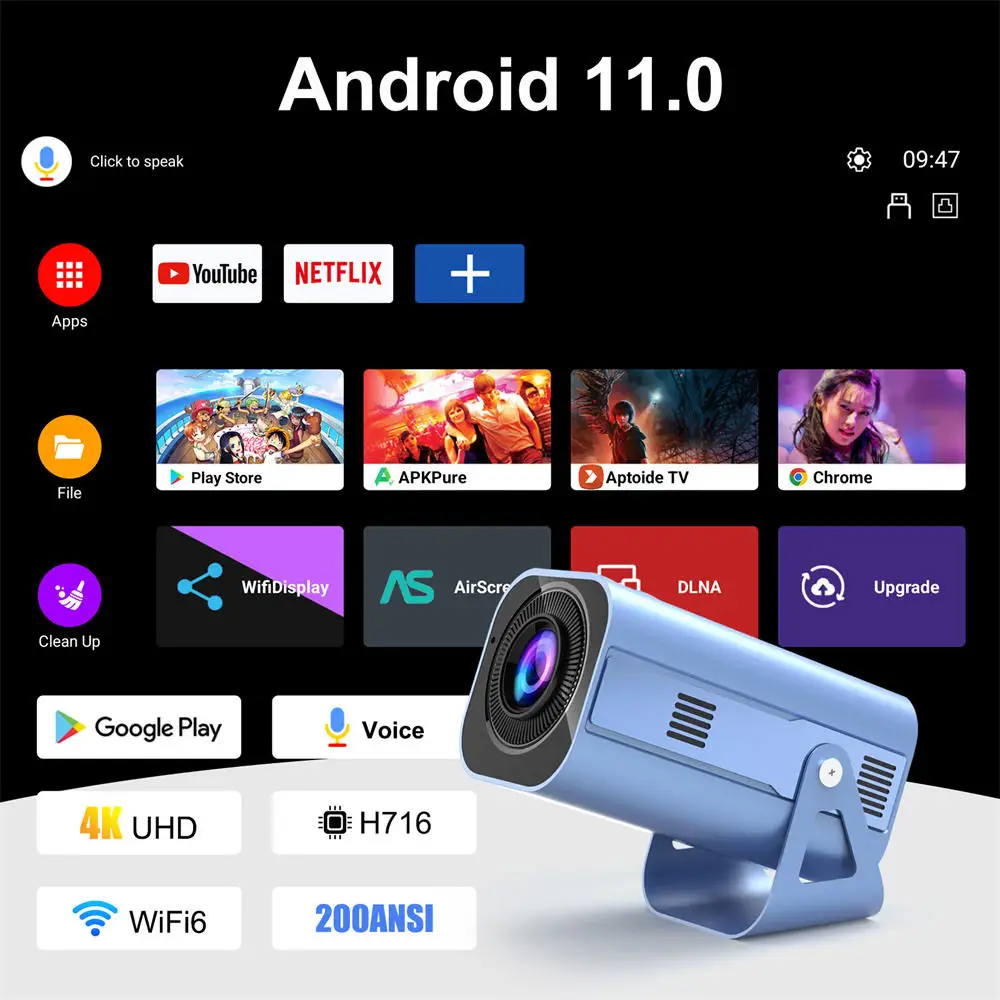 Newest Android 11 Smart Portable H96 Max B11 Projector Support 4K 720P Resolution 200ANSI BT5.0 Wifi6 180° Rotatable Projector