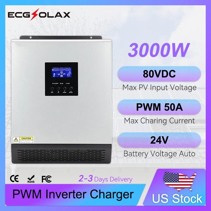 ECGSOLAX 3KVA Hybrid Solar Inverter 24V 110V Built-in 50A PWM Solar Charge Controller 2400W Pure Sine Wave Solar Hybrid Inverter