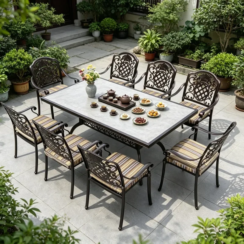 Outdoor Cast Aluminum Dining Table and Chairs Set Stone Pattern Long Table European Carved Wrought Iron Terrace Furniture