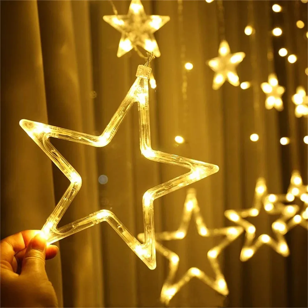 2.5M LED Curtain Fairy Lights with 138 Moon Star Christmas Star String Light Garland for Wedding Home Party Birthday Decoration