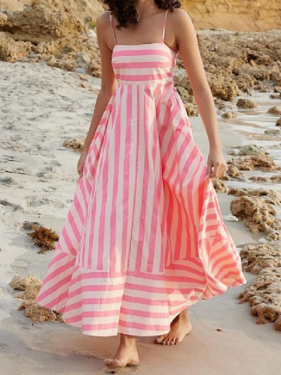 

Women Summer Striped Maxi Dress Sleeveless Backless Long Flowy Dress Spaghetti Strap Boho Beach Sun Dress