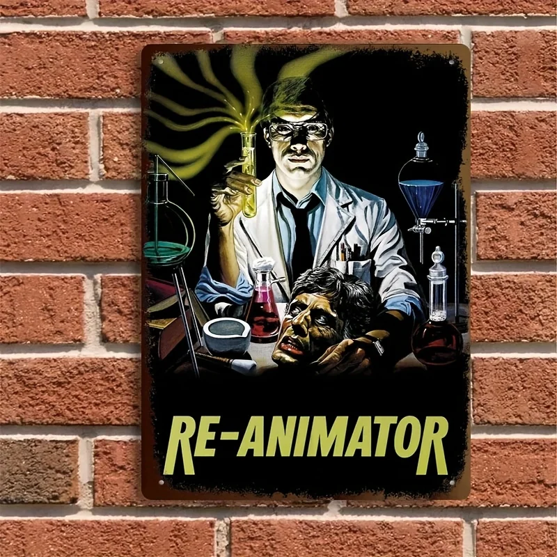 Horror-Themed Iron Wall Art - Retro Tinplate Metal Sign with Scientist & Zombie Lab Scene, , No Electricity Needed, Easy Hang fo