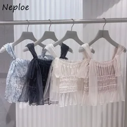 Neploe New Summer Square Collar Sleeveless Sweet Shirt Print Lace Up Casual All-match Bow Blouses Japan Voile Ruched Sling Top