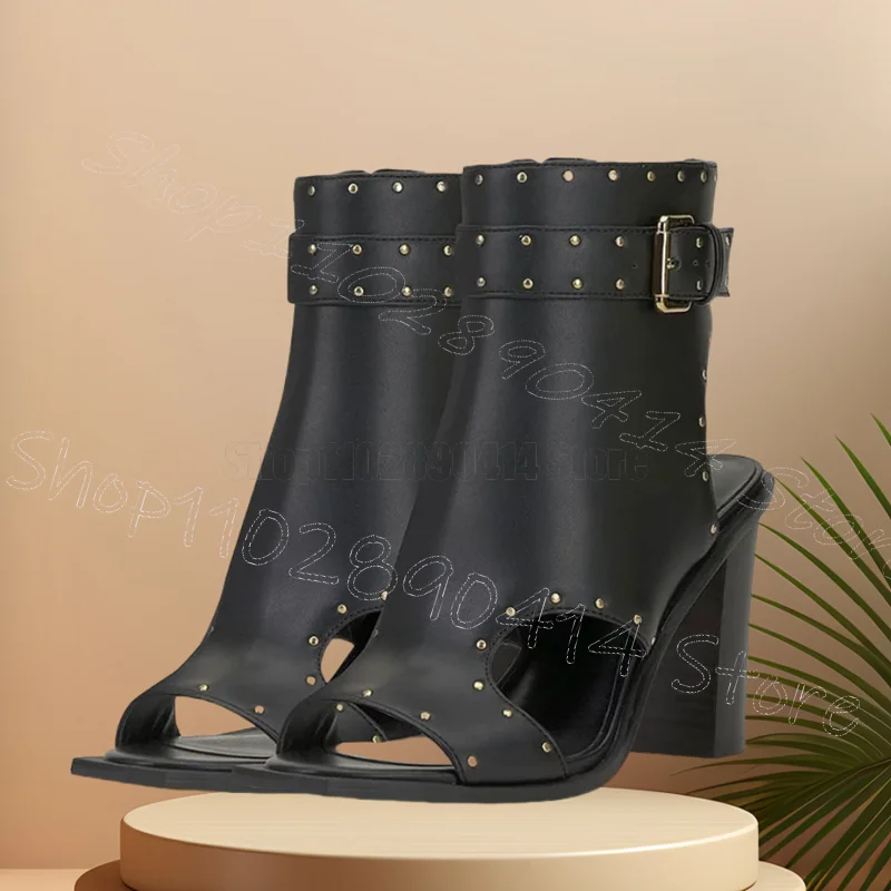 

Metal Rivets Black Hollow Cut Heel Sandals Boots Side Zipper Women Shoes Chunky High Heels Open Toe New 2025 Zapatos Para Mujere