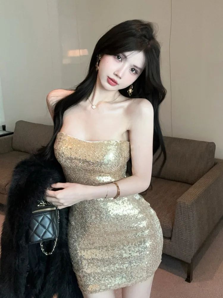 

Elegant Short Skirt Inner Wear Heavy Embellished V-Neck Precise Strapless Dress Women's Fashion Korean Style Commute