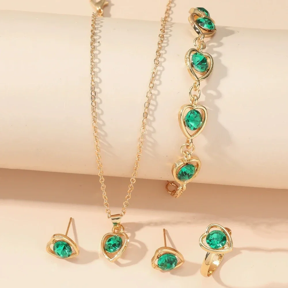 4pcs Set Temperament Green Heart Crystal Necklace Bracelet Ring Earring for Women Exquisite Wedding Bride Jewelry Set Gift
