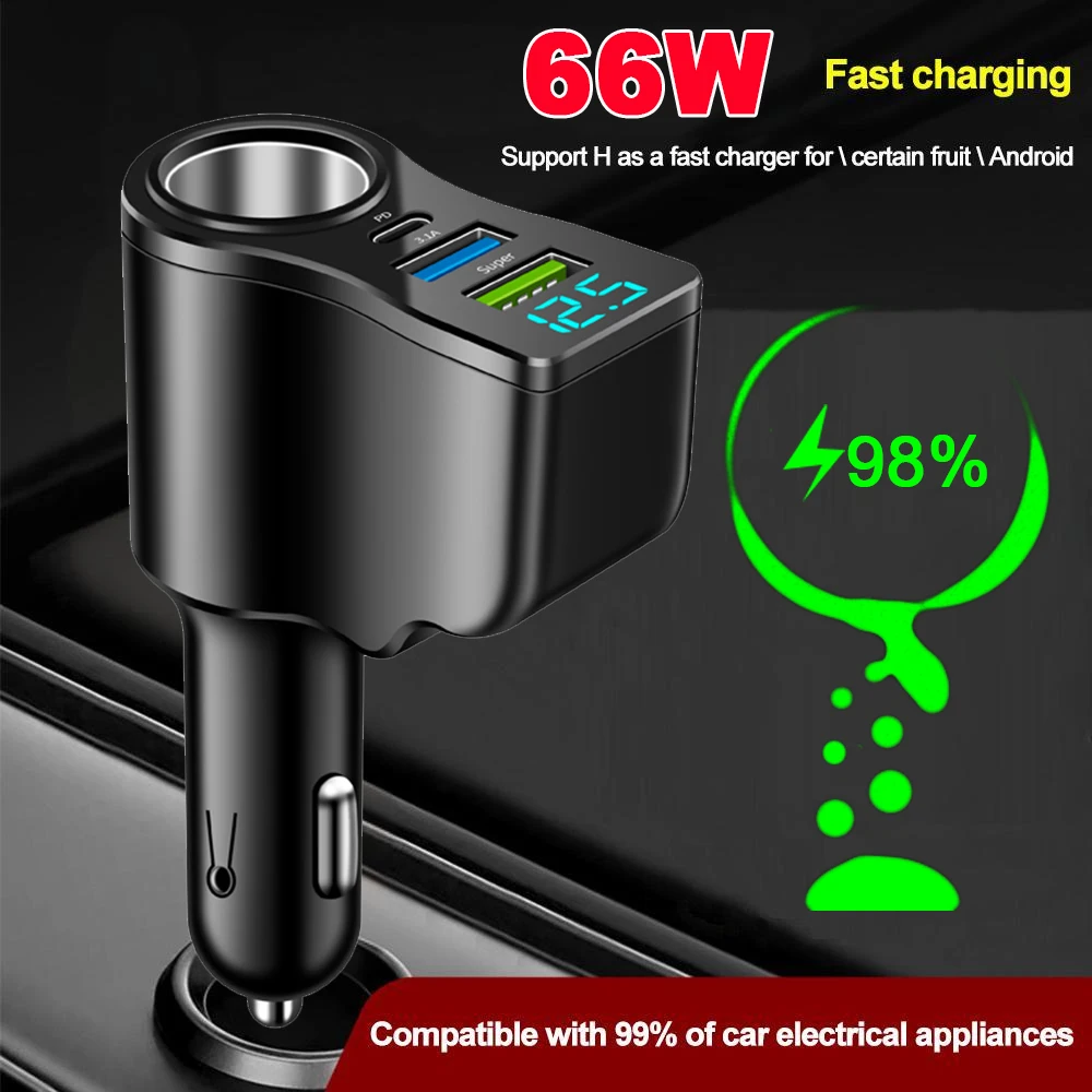 66W Auto-Zigarettenanzünder 4-in-1 Schnellladegerät USB Typ-C Autoladegerät mit Digitalanzeige für iPhone Huawei Samsung Xiaomi