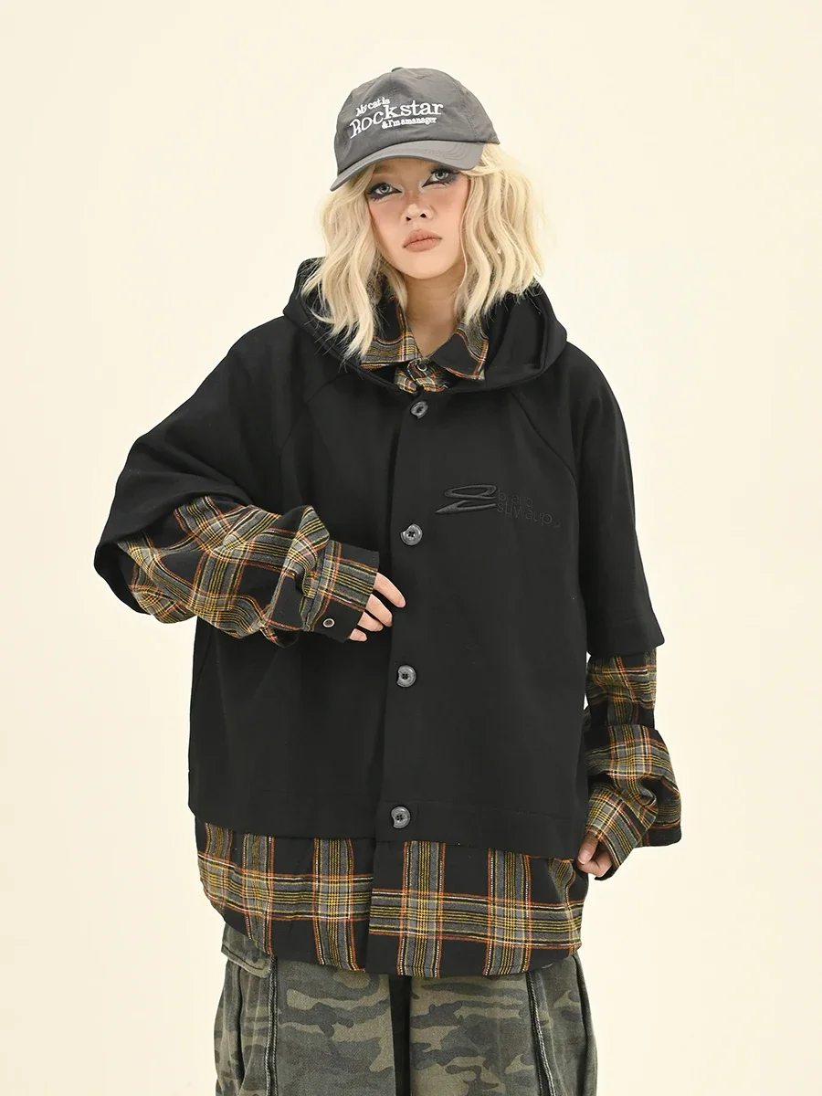 

Fake Two-piece Plaid Sweatshirts Cardigan 2024 Autumn New Loose Bf American College Style Woman