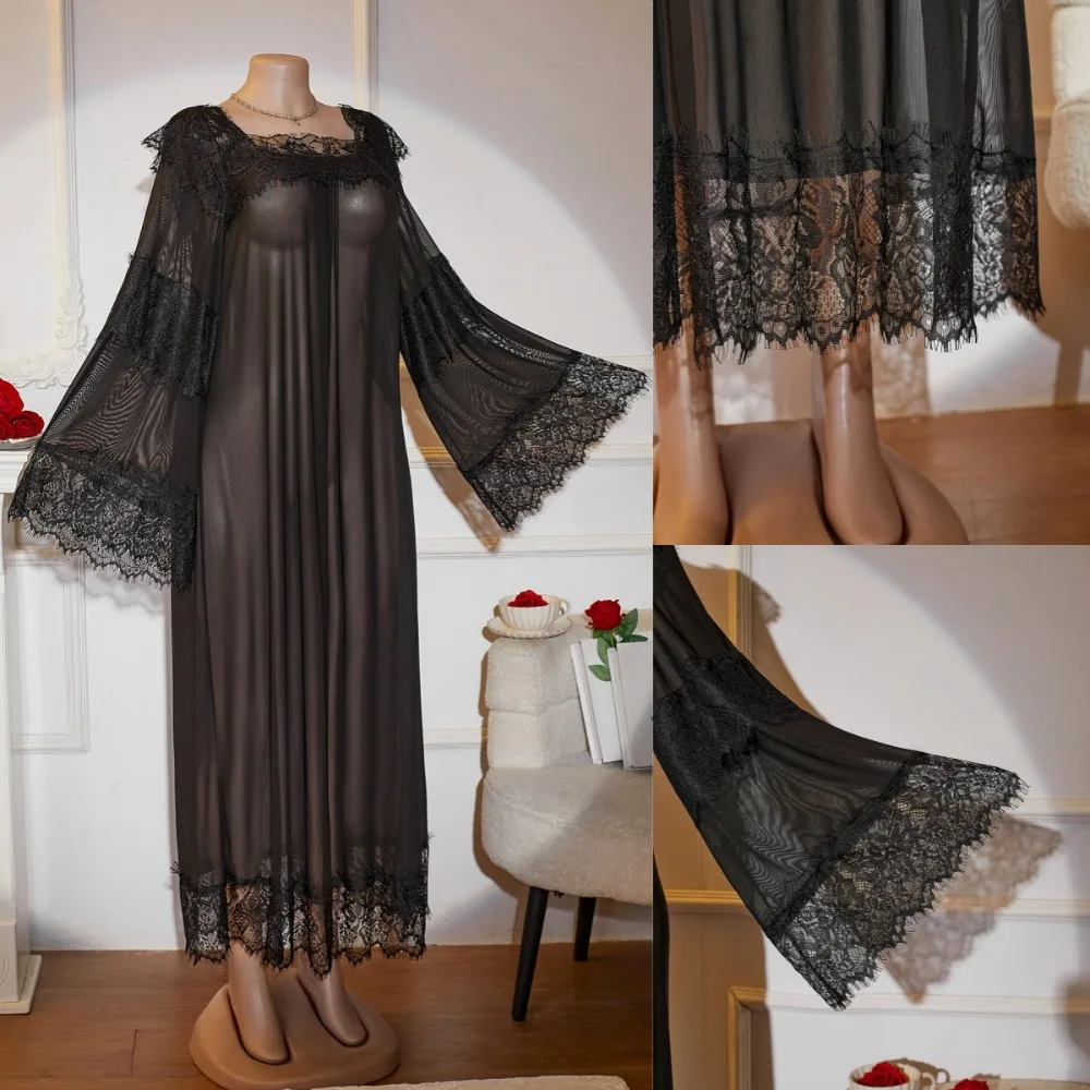 French Lace Patchwork Long Sleeve Square Sleep Dress for Women Black White Home Lounge Nightgown Versatile Vacation Cover Up