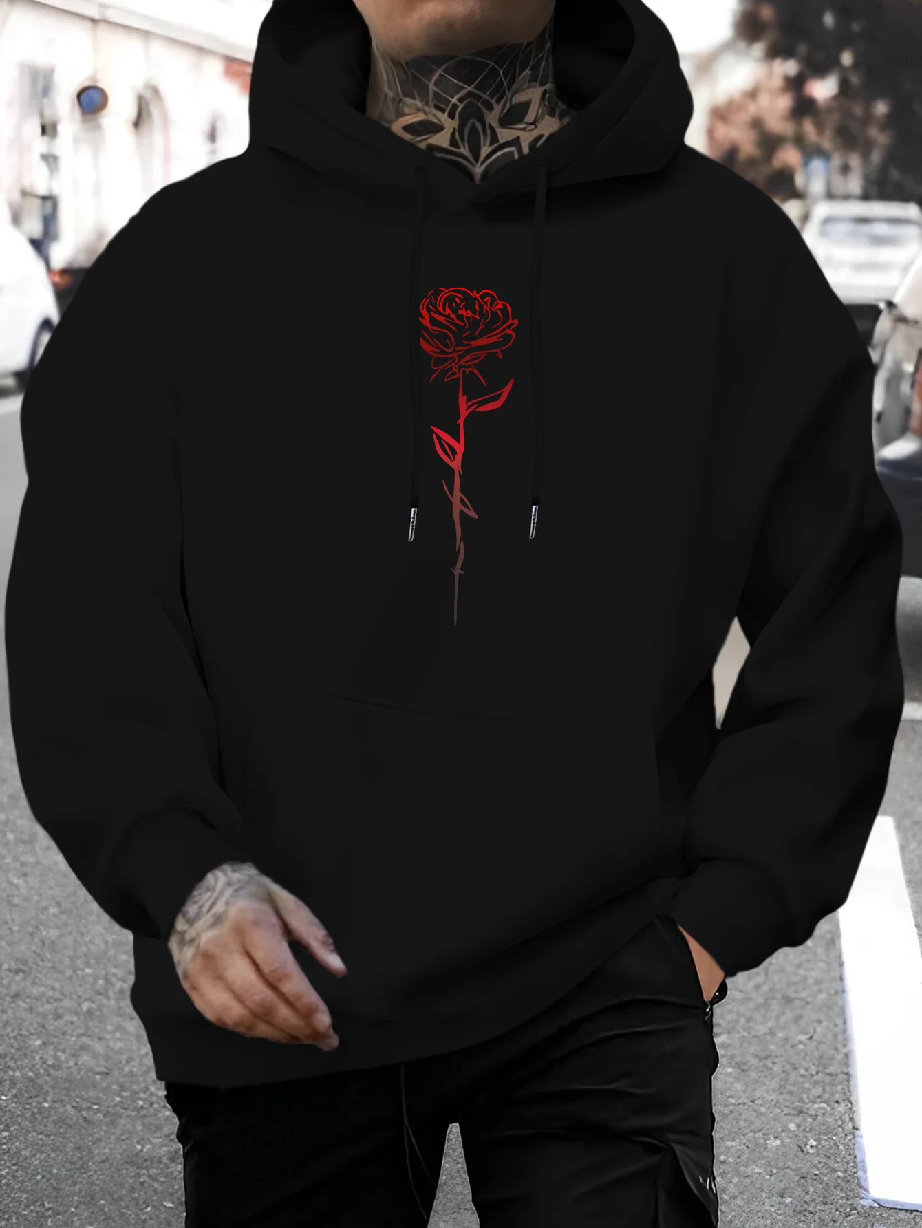 Men'S Personalized Gradient Rose Letter Print Hoodie - Casual Knitted Pullover for Autumn And Winter, Featuring a Drawstring Hood, Regular Fit Long-Sleeve Sweatshirt